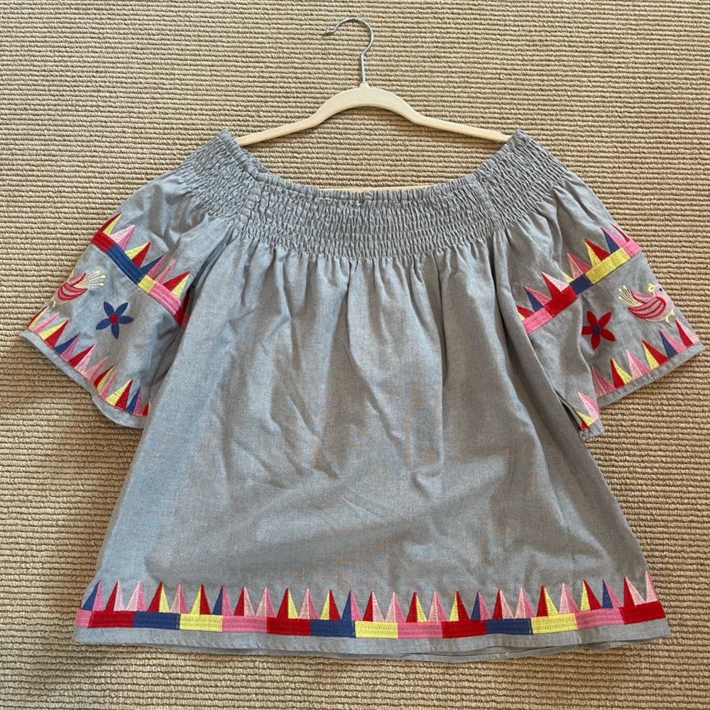 Joy Joy Chambray Blouse with Multicolor Embroidery
